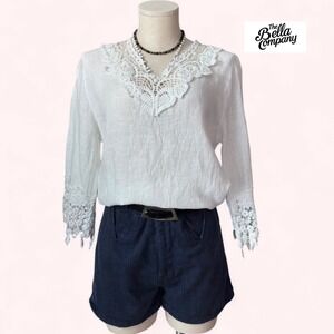White Linen Crochet Lace Blouse | Cottagecore Italian Top | Lightweight Boho Top